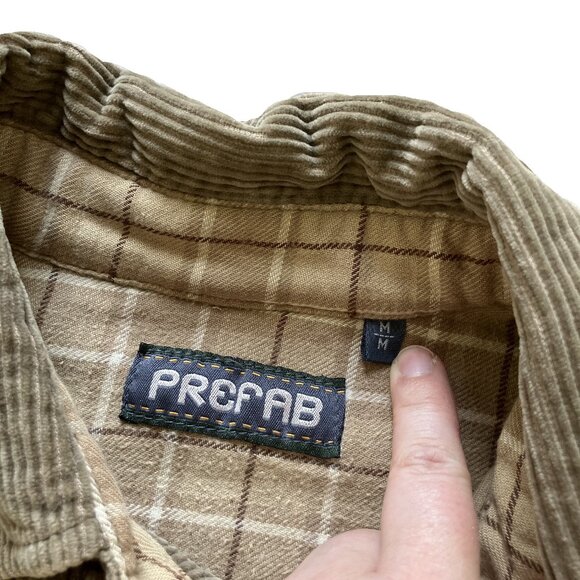 Prefab Corduroy Shirt Jacket with Plaid Flannel Lining Tan Shacket - Picture 7 of 9